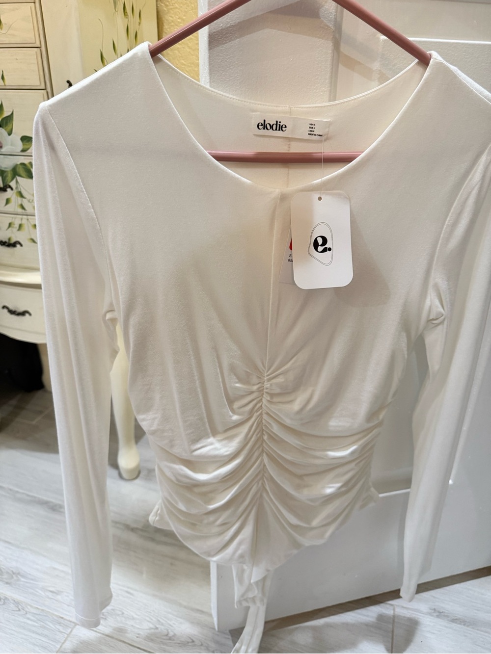 Elodie White Long-Sleeve Ruched Bodysuit